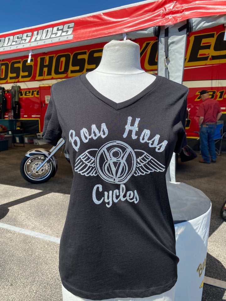Black V-Neck w/ Silver V8 Logo