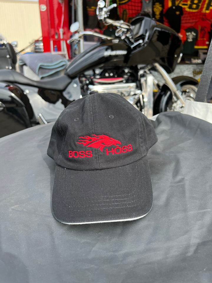Boss Hoss Black Hat w/White Sandwich w/ Horse head stitched in red