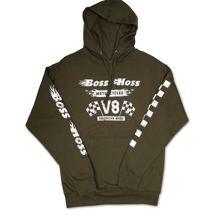 Olive Green Checkered Flag Flaming Finish Pullover Sweatshirt Hoodie