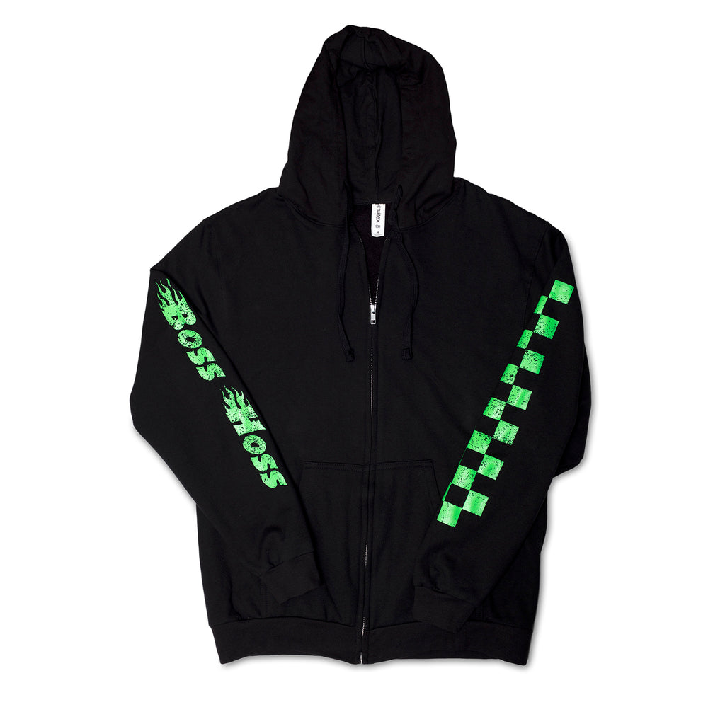 BOSS パーカー Black w/ Neon Green Checkered Flag Flaming Finish Zipper