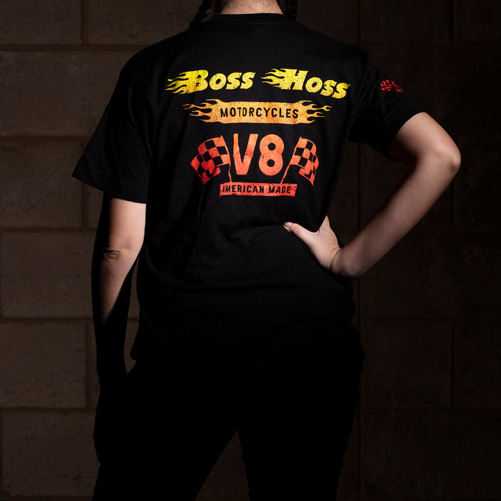 Black Checkered Flag Flaming Finish Tee Shirt