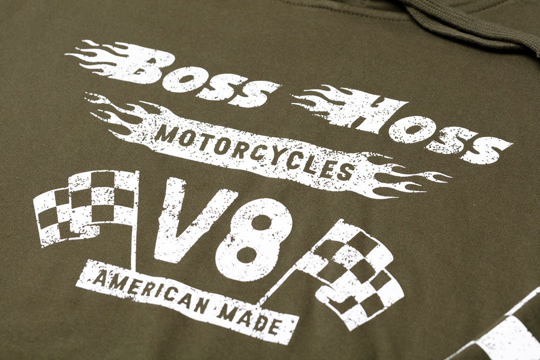 Olive Green Checkered Flag Flaming Finish Pullover Sweatshirt Hoodie