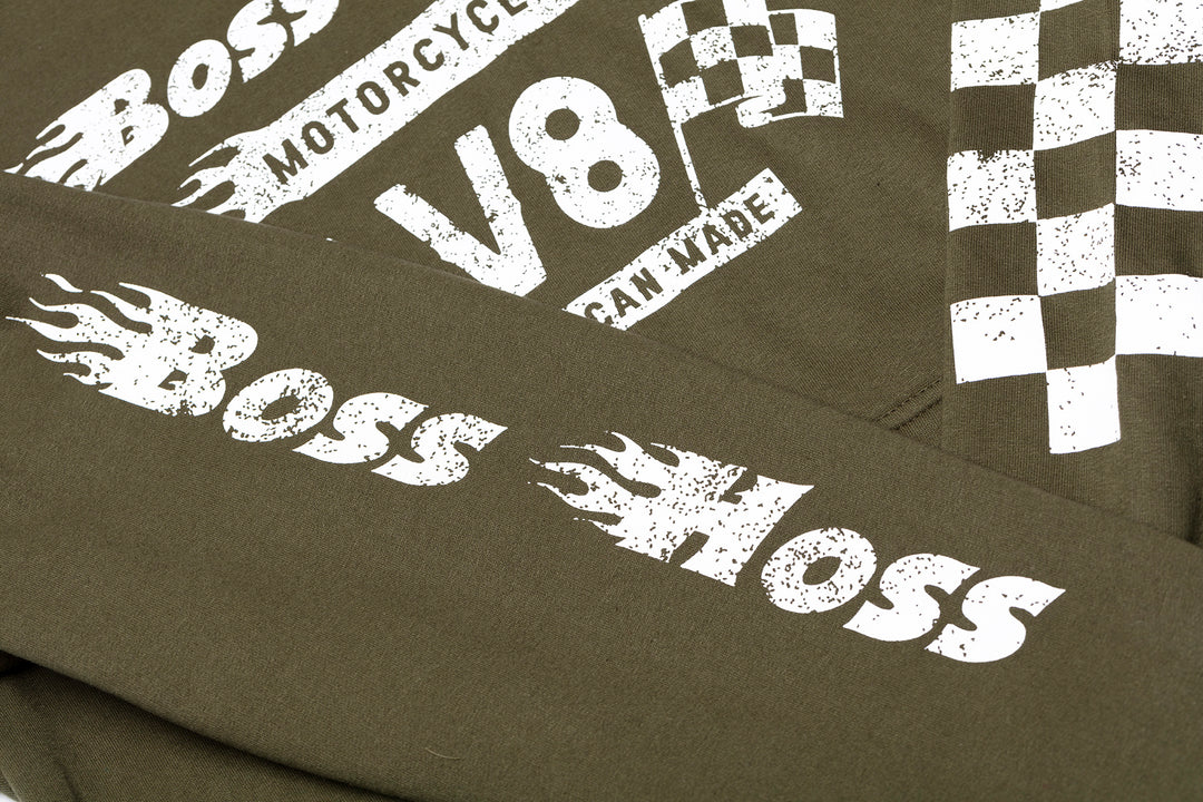 Olive Green Checkered Flag Flaming Finish Pullover Sweatshirt Hoodie