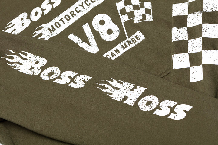 Olive Green Checkered Flag Flaming Finish Pullover Sweatshirt Hoodie