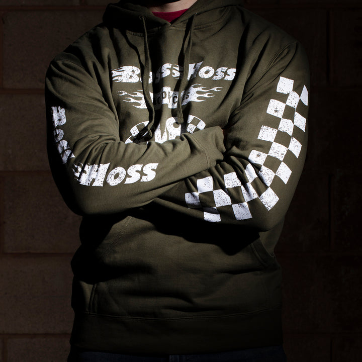 Olive Green Checkered Flag Flaming Finish Pullover Sweatshirt Hoodie