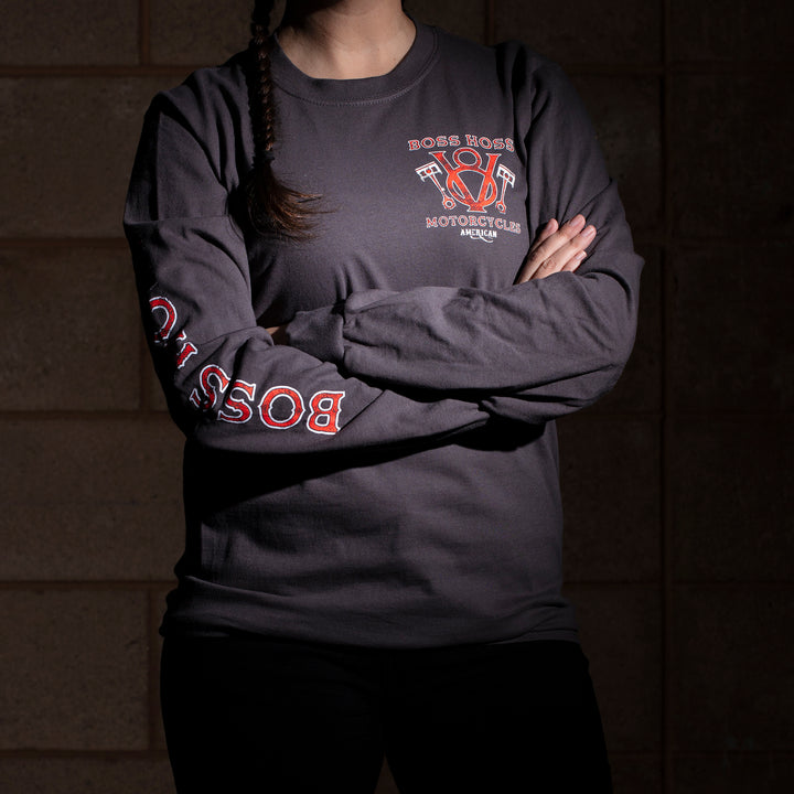 V8 Piston Power Long Sleeve Tee Gray & Red