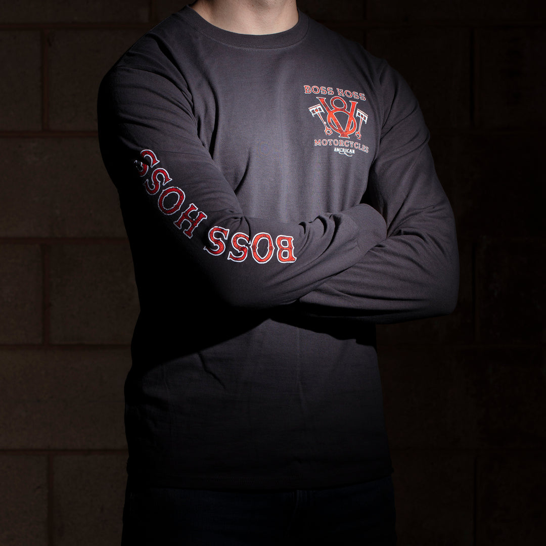 V8 Piston Power Long Sleeve Tee Gray & Red